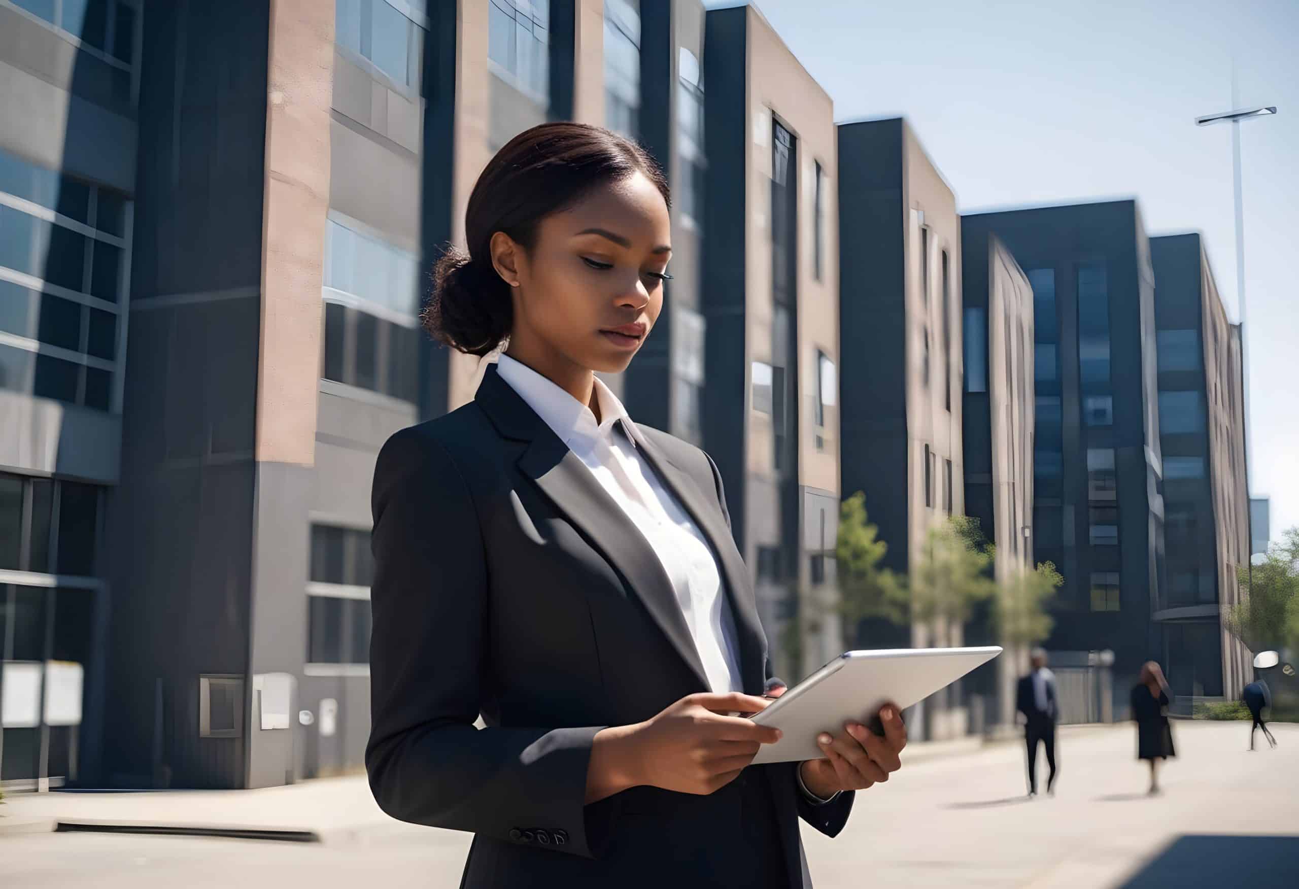 Photographie d'une property manager qui inspecte dune zone commerciale sur sa tablette équipée d'ImmoPad