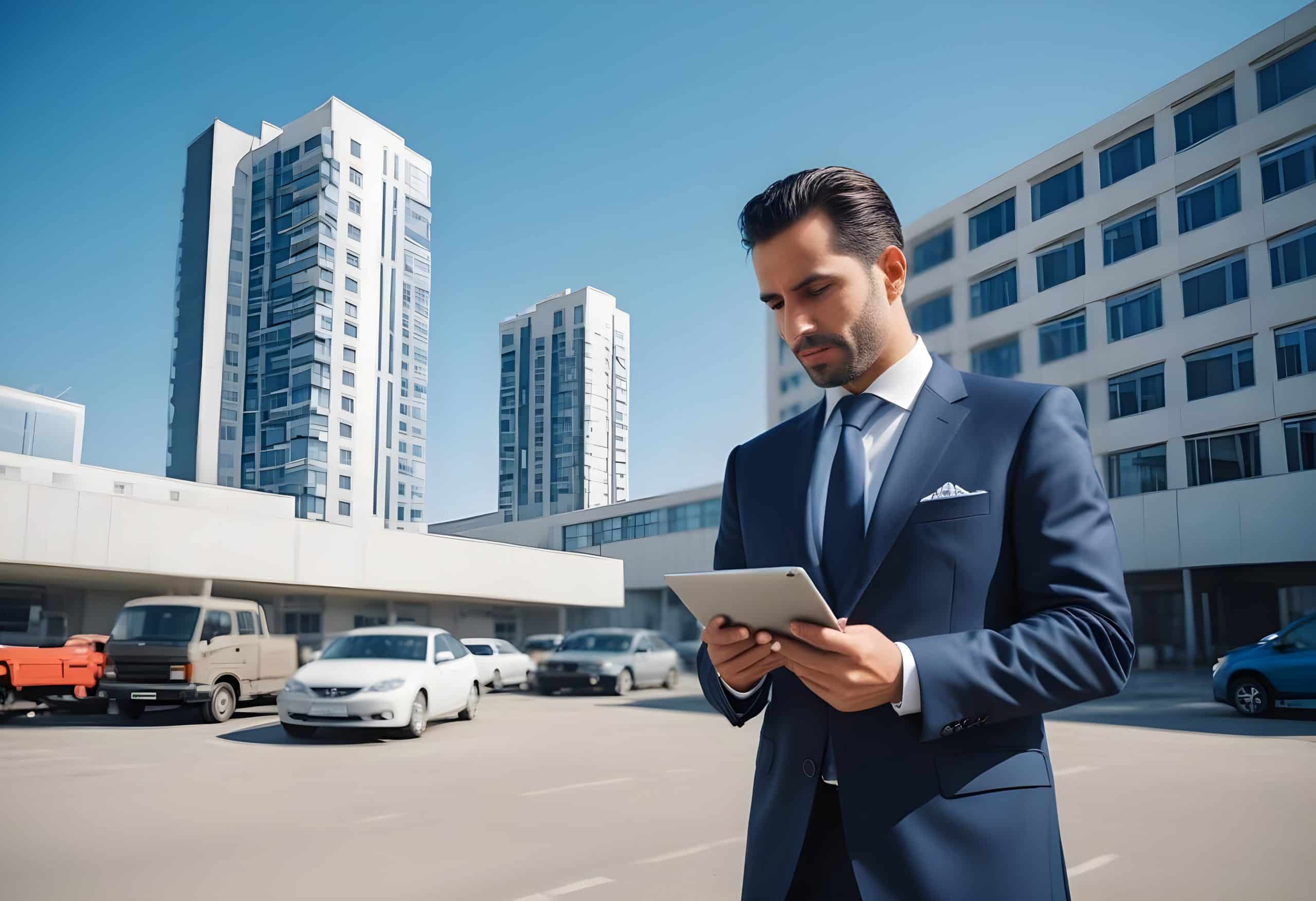 Photographie d'un property manager inspectant une zone industrielle sur sa tablette équipée d'ImmoPad