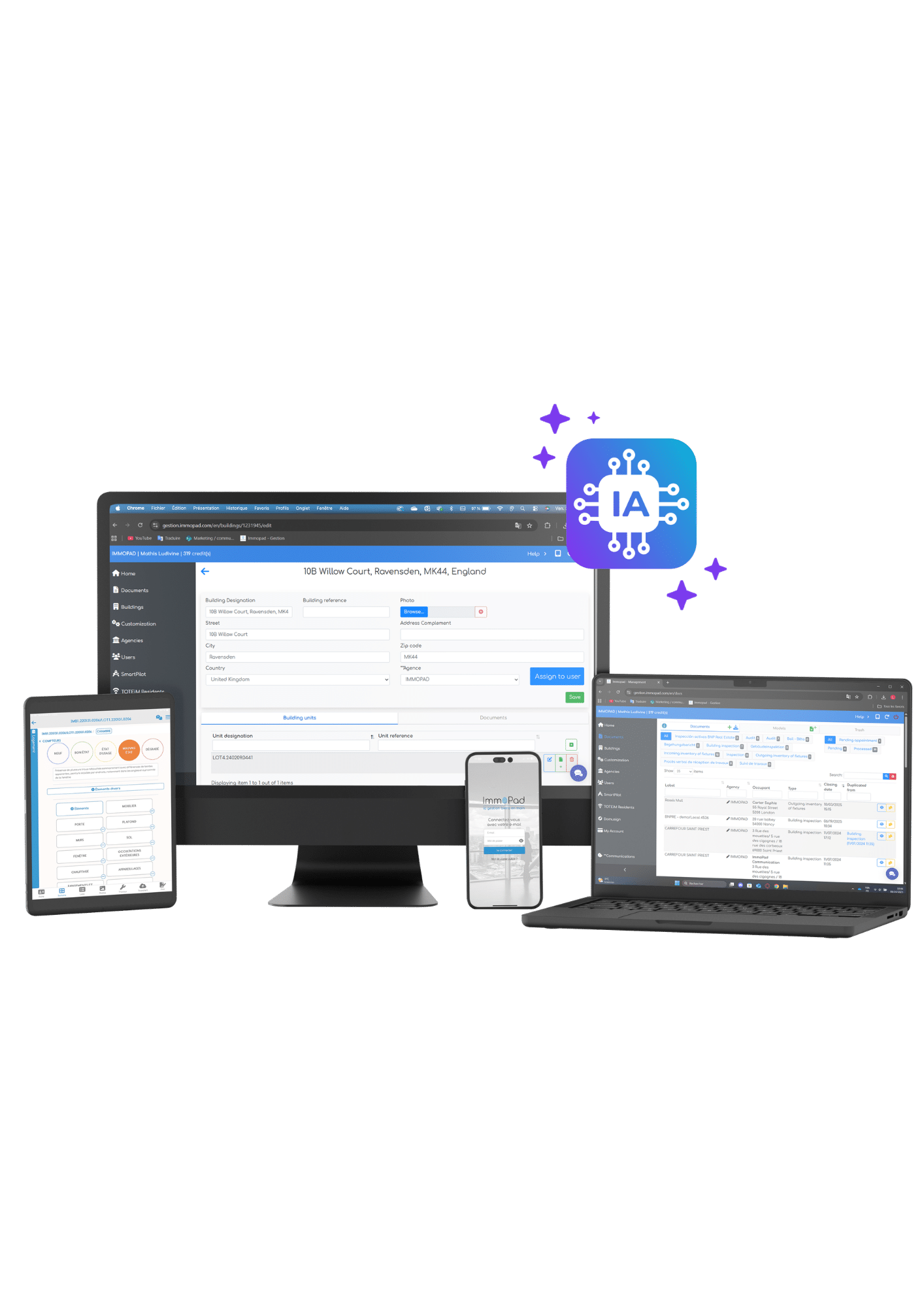 application d’état des lieux pour les professionnels de l’immobilier illustration telephone tablette ordinateur banniere IA