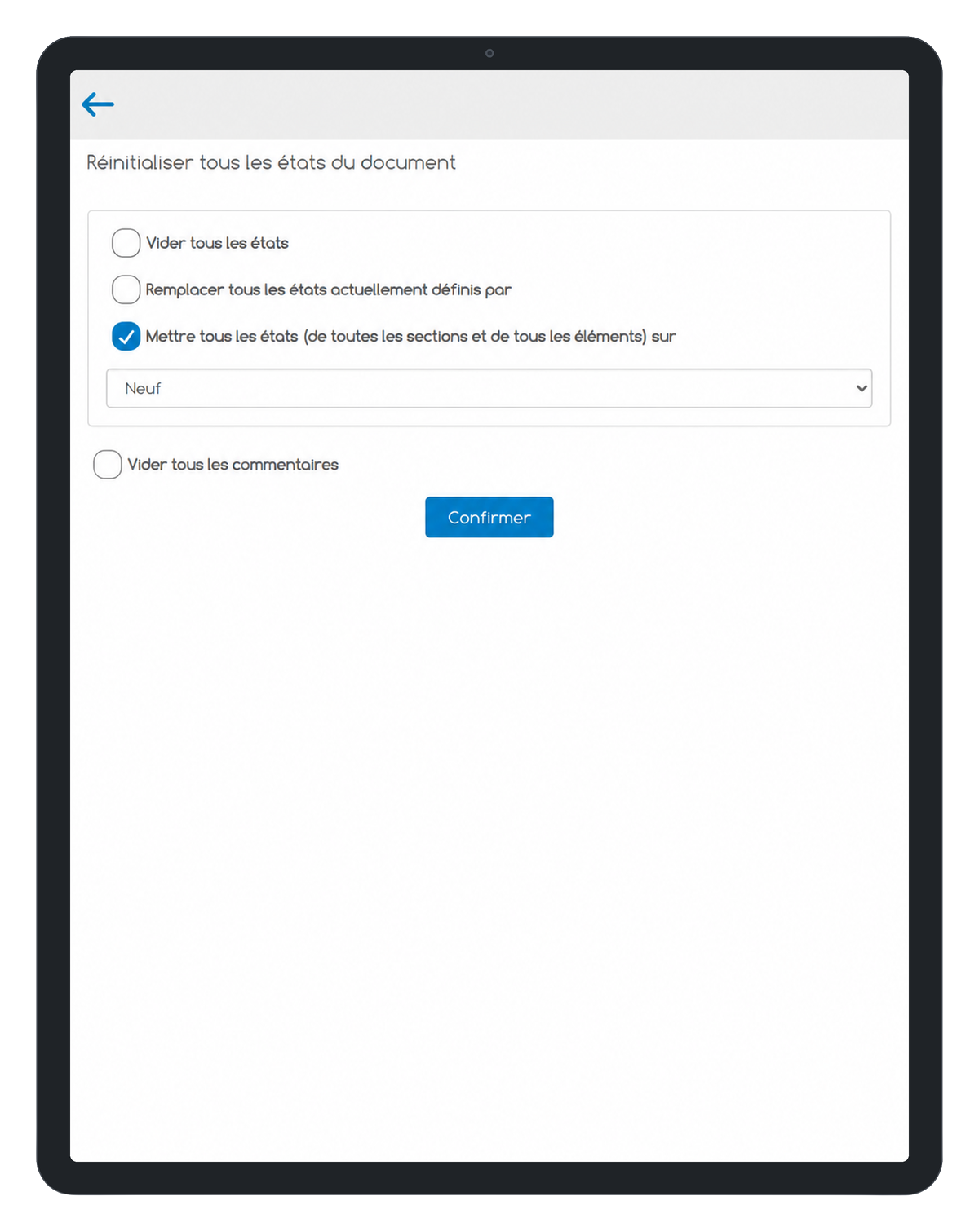 Écran « Réinitialiser tous les états du document » de la baguette magique ImmoPad, avec ses trois opérations