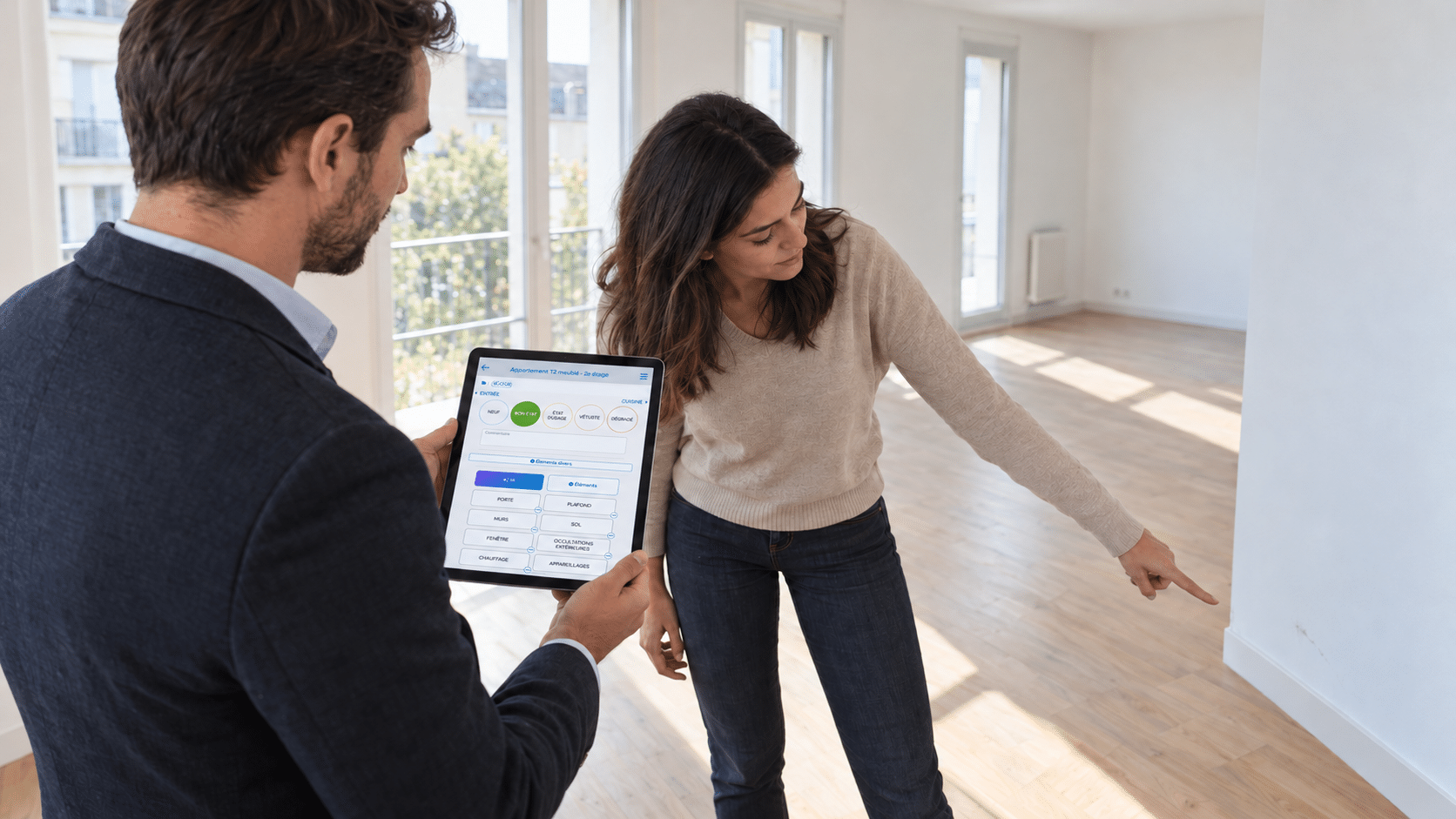 Gestionnaire immobilier réalisant un état des lieux contradictoire sur tablette avec un locataire dans un appartement vide